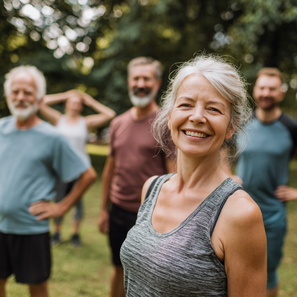 Middle-aged Ukrainian man and woman demonstrating functional fitness exercises with resistance bands in a bright fitness studio