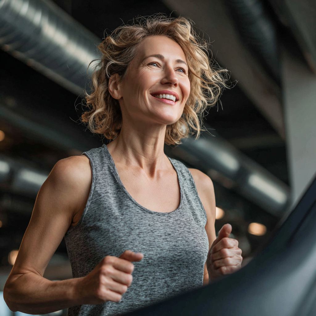 Energetic Ukrainian adults in their 50s and 60s demonstrating improved endurance during group fitness session with smiling faces